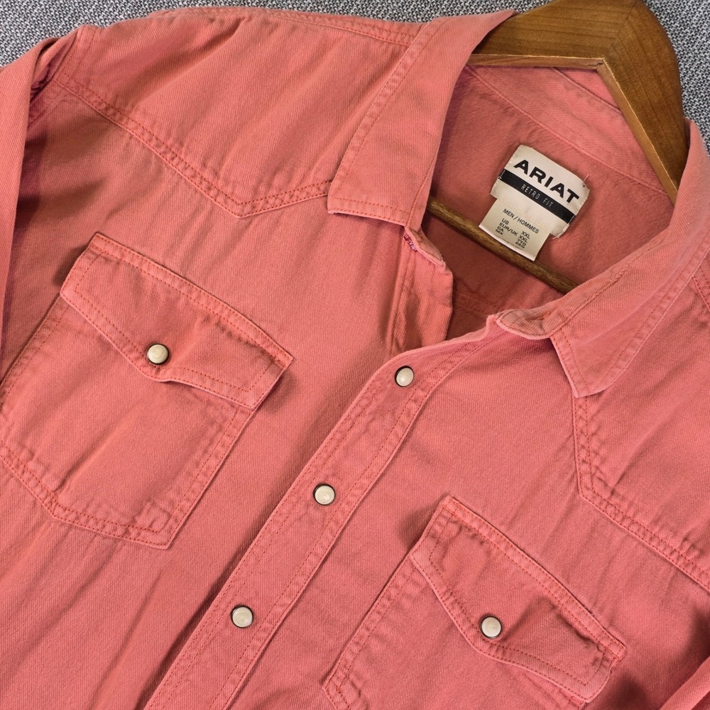 ARIAT Pearl Snap Denim Shirt Mens XXL Retro Fit Salmon Pink Western Cowboy